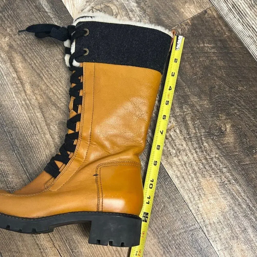 Cole Hann Henson Tall Leather Boots Camel Sherling Lace Up Lug Sole Size 6 1/2